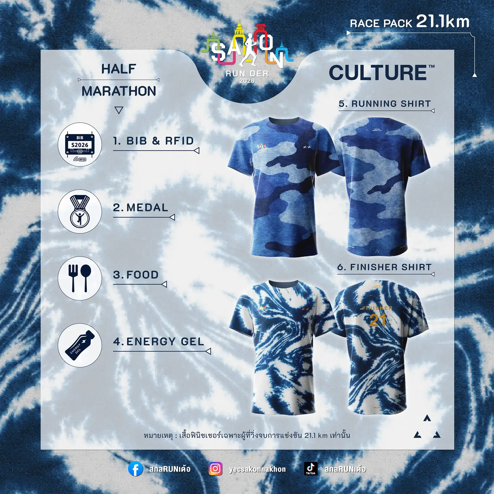 Race Pack 21.1 KM — BIB & RFID, เหรียญ, อาหาร, เจลพลังงาน, เสื้อวิ่ง, เสื้อฟินิชเชอร์